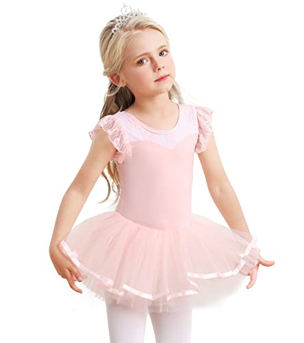 Mädchen Ballettkleidung Ballettkleid Baumwolle Tanzkleid Tutu Ballett Tütü Kinder Balletttrikot mit Rock Ballerina Kleid Rosa 5-7 Jahre 130