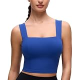 CRZ YOGA Butterluxe Wide Straps Square Neck Crop Tank Tops for Women - Padded Workout Yoga Longline Sports Bras Waves Blue Large