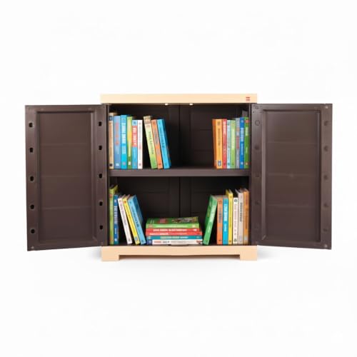 Image of Cello Novelty Compact Bookshelf, Brown & Beige | 2 Dustproof Doors | Space Saving Cupboard | Plastic Book Shelf | Multipurpose Book Shelf for Home, Office | Book Organizer for Library