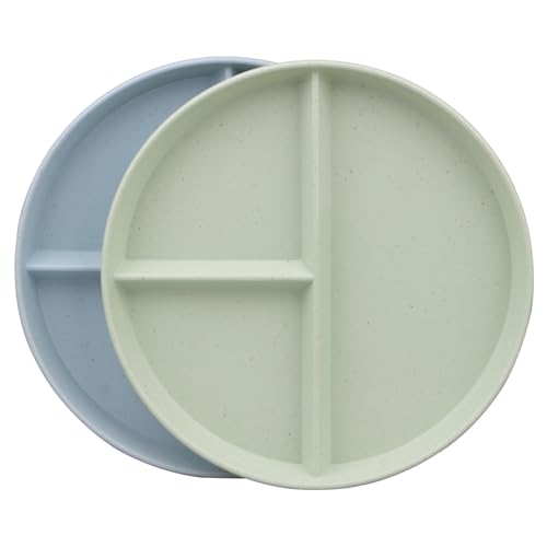 2Pack 9 Inch Portion Control Plates, Divided Plates for Adults, Round Bariatric Dinner Plate for Adults, Dishwasher Safe (Blue & Green)