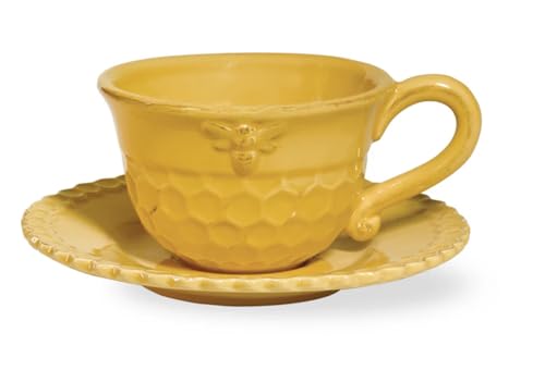 Boston International Embossed Stoneware Teacup and Saucer Set, 8-Ounces, Honeycomb