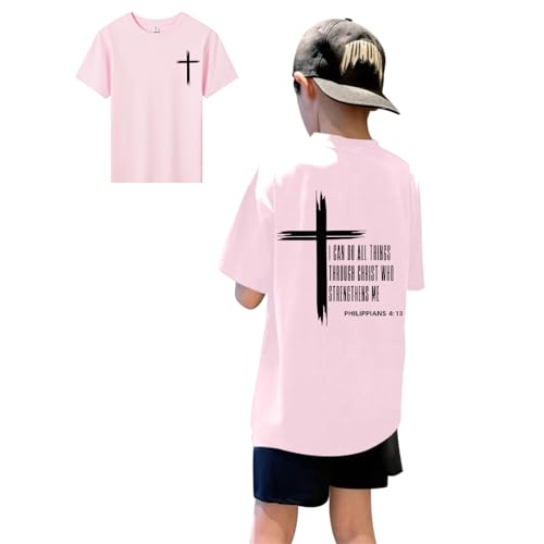 KEEVICI Boys Christian Graphic Tees God Jesus Shirts for Kids Cross Faith Bible Verse Inspirational Religious Cotton T Shirt(Pink 140)