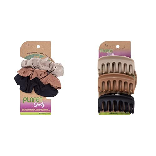 Planet Goody - Paquete de accesorios para el cabello, paquete de 3 coleteros, 3 clips de garra grandes y paquete de 3 negros, varios colores