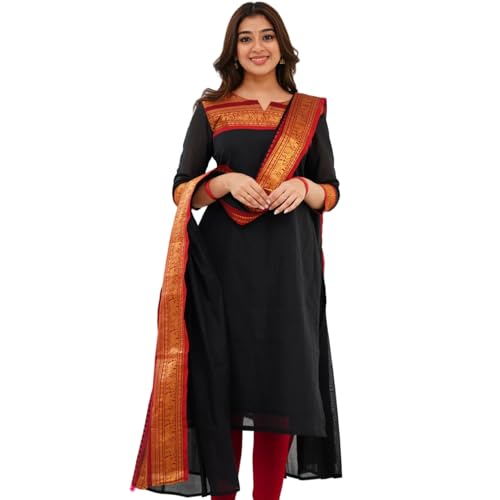Image of TWINLIGHT Women's Kanchi Cotton Elephant Jaquard Work Kurta and Dupatta Set | V Neck 3 /4 Sleeves Straight Calf Length Kurti with Jaquard Border Work Dupatta | Kurti Set for Women