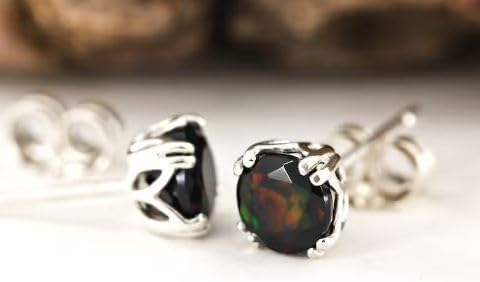 Natural Black Opal Multi Fire Stud Earrings in Solid 925 Sterling Silver, 5mm Ethiopian Opal Studs, October Birthstone