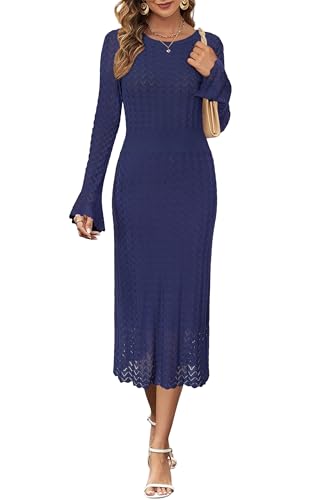 Newshows Sweater Dresses for Women 2026 Teacher Dress Long Bell Sleeve Midi Hollow Knit Modest...