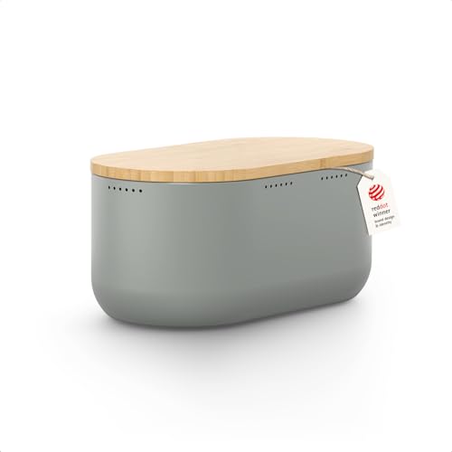Image of LARS NYSOM Bread Box I Metal bread box for long lasting freshness with non-slip pads I Baked goods Bin with bamboo lid usable as cutting board I 13.6x7.3x6.2in (Ash Gray)