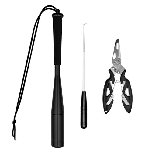 Fischtöter Fisch Totschläger Angelzange Set Fischbetäuber mit Rutschsicherer Griff Angelzubehör Hakenlöser Angeln für Anfänger Angler im Freien Hecht Splitringzange Edelstahl (Schwarz)