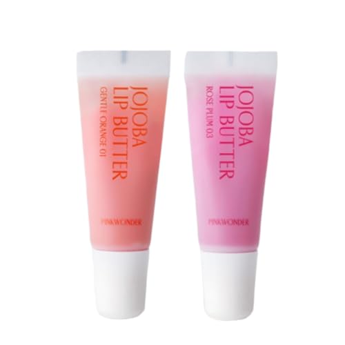 PINKWONDER Jojoba Lip Butter (01 Gentle Orange & 03 Rose Plum) | Hydrating Lip Balm with Organic Jojoba Oil | Non-Sticky Lip Gloss for Dark Lips | Korean Lip Balm