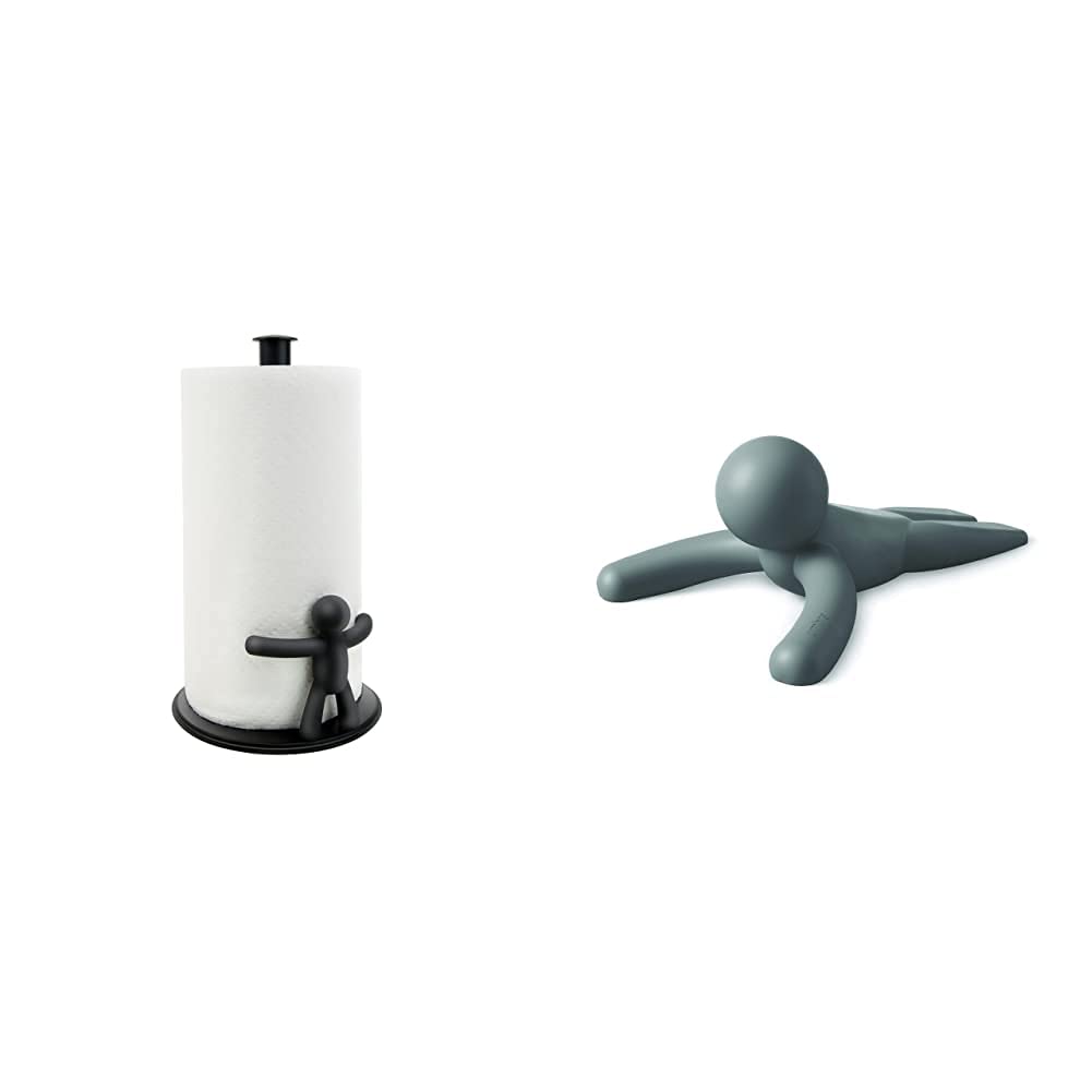 Umbra Buddy Paper Towel Holder, Black & Buddy Door Stop, Heavy-Duty and Flexible, Soft-Touch Finish, Protects Your Floors, Single Pack, Charcoal