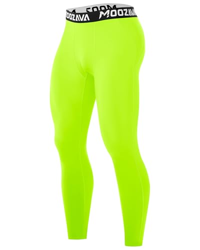 Moozava Mens Athletic Compression Pants for Workout Running Gym Leggings Football BJJ Basketball Spandex Base Layer Tights Neon Yellow M