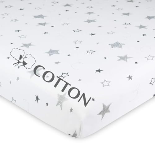 Image of American Baby Company 100% Natural Cotton Fitted Pack and Play Sheet 39 inch x 27 inch - Soft & Breathable Pack N Play Sheet for Playpen, Playard & Mini Crib Mattress, Super Stars, for Boys & Girls