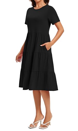 Image of Womens Summer Short Sleeve Crew Neck Midi Dress 2026 Casual Fit Flowy Tiered Beach Vacation Sundress with Pockets