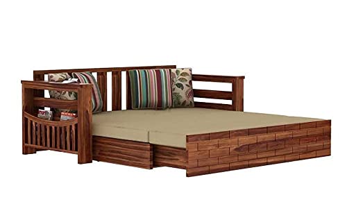 Image of Solid Sheesham Wood Convertible 3 Seater Sofa Cum Bed with Headboard and Storage Armrest, Folding Queen Size Double Bed with PullOut Big Drawer Furniture for Home Living & Bed Room