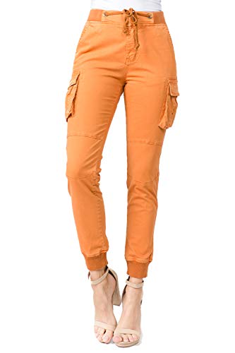TwiinSisters Women's High Waist Stretch Trendy Slim Fit Color Cargo Joggers Pants with Drawstrings for Women - Medium, Rust