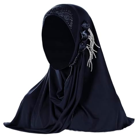 Ylucky Women Muslim Hijab Scarf Floral Lace Head Scarf Girls Islamic Arab Head Wrap Shawls (navy blue with rhinestones) Cover