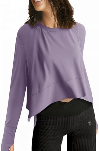 UEU Women's Crop Tops for Yoga Workout Athletic, Ice Cool Feeling Long Sleeves Shirts, Flowy Split Side Slit Oversized