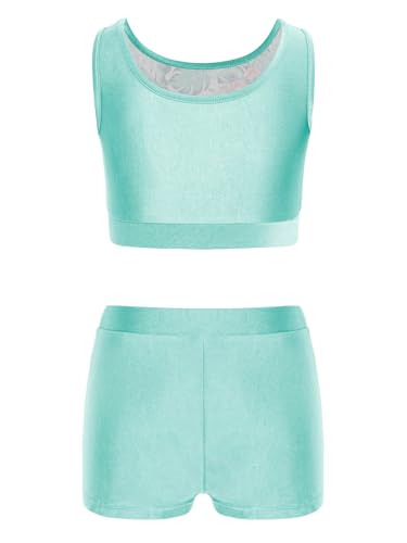Girls Gymnastics Dance 2 Piece Shiny Metallic Set Crop Tank Top And Booty Shorts for Tennis Sports Light Green 12 Years2