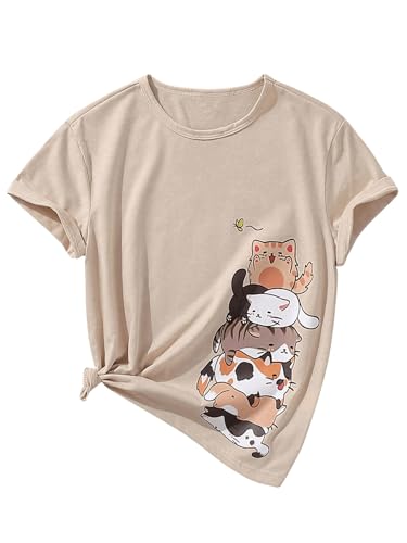 Image of RoseSeek Girl's Summer Tee Tops Cartoon Print Short Sleeve Round Neck Casual Cute T Shirt for Girls Apricot Graphic 10Y