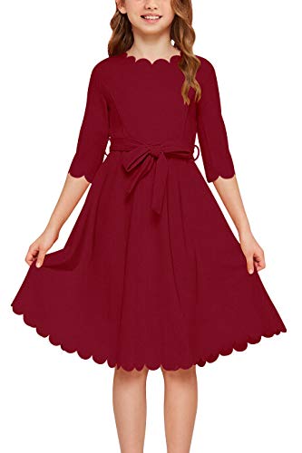GORLYA Girl's 3/4 Sleeve Casual Scalloped Edge A-line Belted...