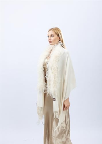LVCOMEFF Women Shawl Wrap With Ostrich Feather Collar Front with Tassels Luxurious For Party Birthday3