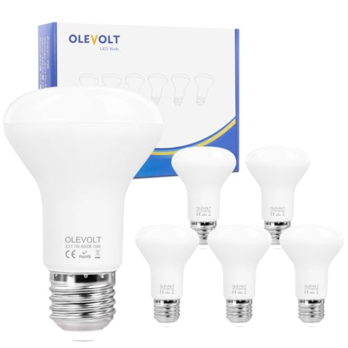 OLEVOLT Lampadina LED E27 Dimmerabile Luce Bianca Fredda 6000K, 7W E27 LED Riflettore R63 Equivalenti a 70W, Lampade Riflettore LED Attacco E27, 6 Pezzi