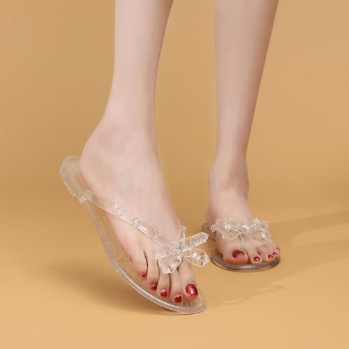 Image of Studded Jelly Shoes for Womens Bow Flip Flops Jellies Sandals Flat Black Summer Beach Thong with Rivets Strappy Slides Slip On