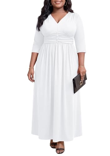 Image of Runwind Plus Size Maxi Dress 3 /4 Sleeve V-Neck Pleated Faux Buttons Pockets | Plus size dress for wedding guest work church, pleated front faux buttons, flowy maxi dress enhances elegance