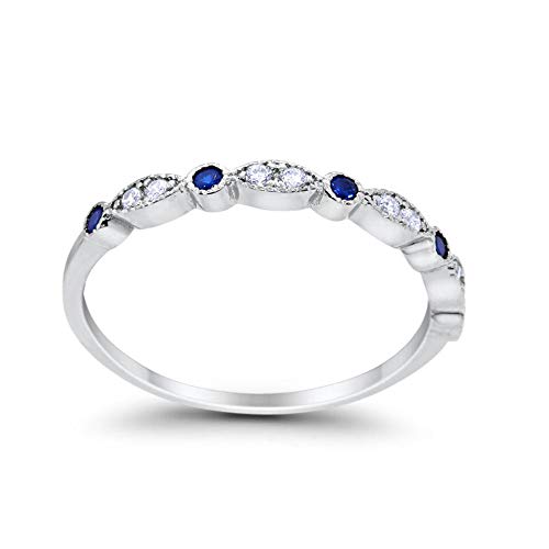 2mm Half Eternity Wedding Band Art Deco Design Round Simulated Blue Sapphire CZ 925 Sterling Silver, Size-103