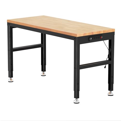 AHB 48" Workbench Adjustable Height, Solid Wood Work Table with Power Outlets, Max 2000 LBS, Heavy Duty Workstation for Garage Party Shop Office Home(Black 48"x 24")