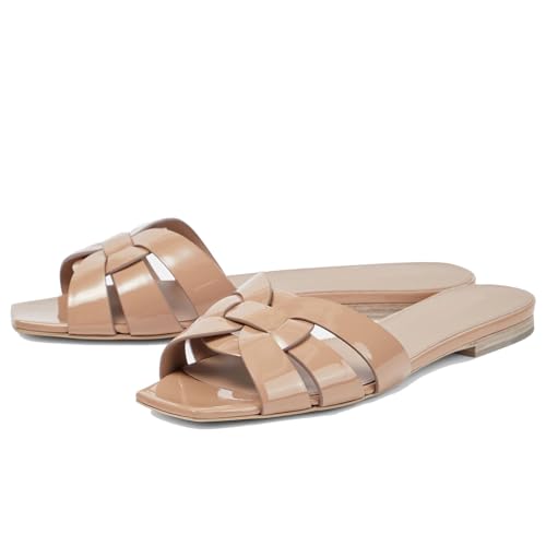 Image of THESHY Women's Flat Sandals Square Toe Patent Leather Comfortable Slip on Slippers Casual Summer Dressy Beach Slide Sandals for Women