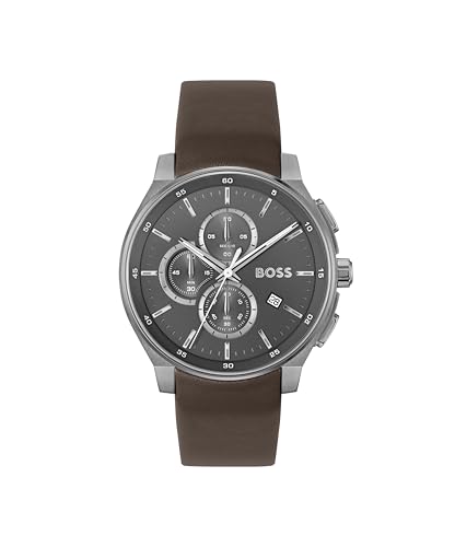 Image of BOSS Peak 2.0 Qtz Chrono Grey Round Dial Men's Watch|Brown Leather Material|Brown Color Band - 1514187