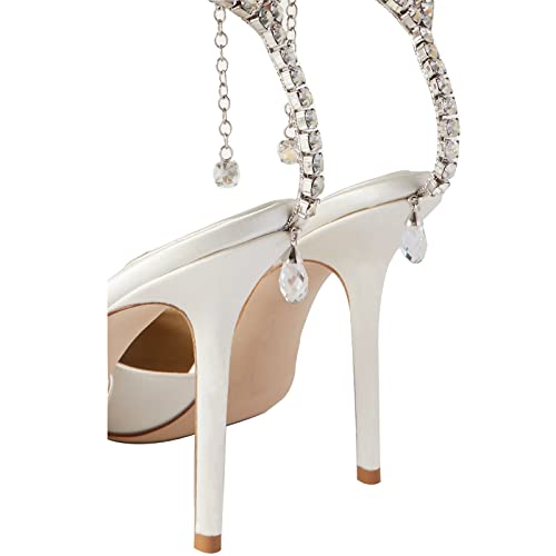 LauraVicci Women's Heeled Sandals Crystal Chain Ankle Straps Rhinestones Buckle High Heels Stiletto Slip On Wedding Party Satin Dress Shoes4