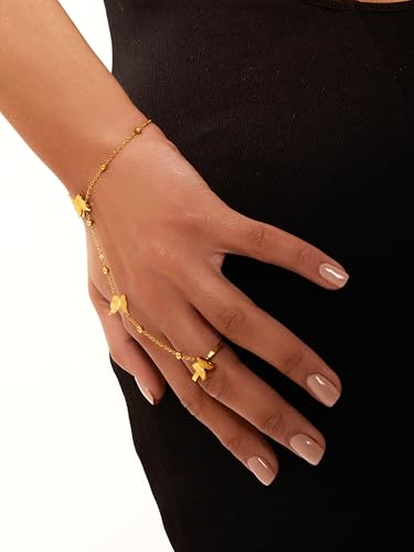 18K Gold PVD Coated Stainless Steel Butterfly Hand Chain Bracelet Ring Set, Adjustable4