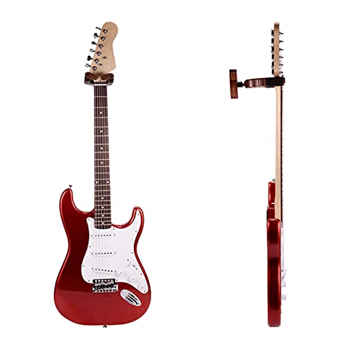 Guitar Wall Mount Hanger,Guitar Hook Stand, Auto Lock Guitar Wall Hanger,with Guitar Pick Necklace,for Acoustic, Electric, Classical,Bass Guitar Stand. (guitar shape mahogany wood base 1pcs)
