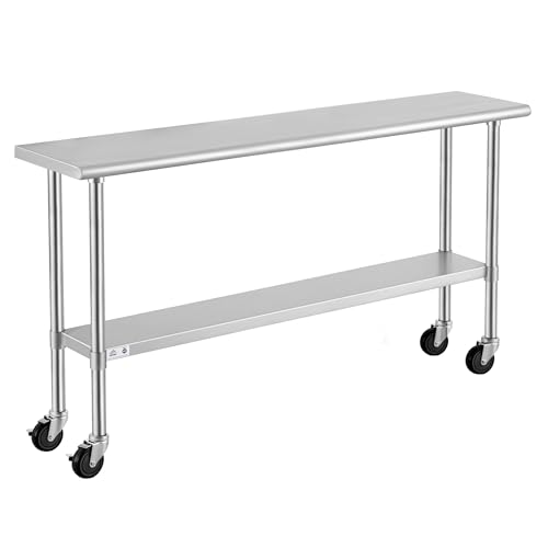 Image of ROCKPOINT Stainless Steel Table for Prep & Work with Caster Wheels 14x72 Inches, NSF Metal Commercial Kitchen Heavy Duty Table with Adjustable Under Shelf and Table Foot for Restaurant, Home and Hotel