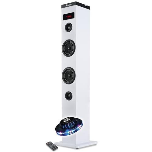Bmi Tour de Son Bluetooth Blanche 50W NGS SKYCHARM avec Télécommande, Entrée Optique, USB, Radio FM et AUX in, Jeu lumière OVNI LED
