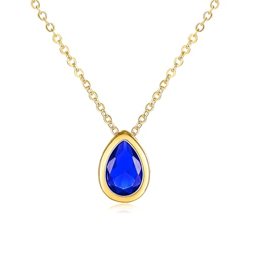 ZAVANA Zierliche Blaue Kette mit Anhänger für Damen, schlichte birnenförmige Halsketten für Frauen in Gold mit blauen birnenförmigen Zirkonia-Steinen, Saphirblaue Halskette für Damen