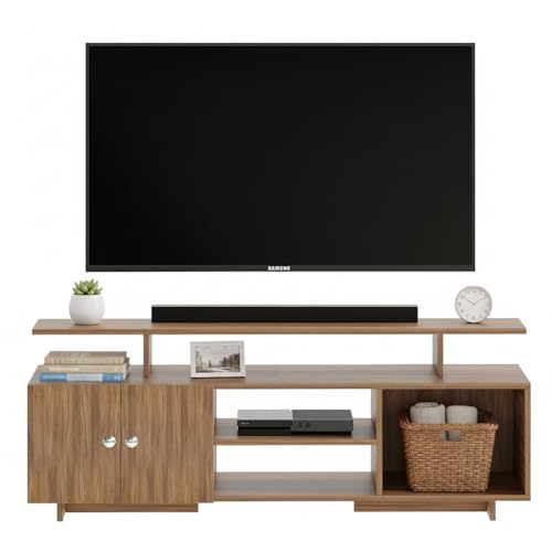 Image of FURNEASER Eskido Engineered Wood TV Entertainment Unit, Floor Standing TV Cabinet with Storage Shelves for Living Room, TV Stand for 32,43,50 & 55 Inch TV (Exotic Teak & White) (Exotic Teak)