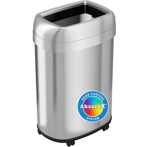 Image of iTouchless 13 Gallon Open Top Kitchen Trash Can Recycling Bin with Wheels and Double Odor Filters Oval Commercial Stainless Steel 50 Liter Trashcan for Home Office Work Bedroom Livingroom Garage