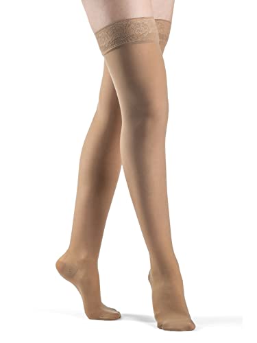 Image of SIGVARIS Women's Style Sheer 780 Closed Toe Thigh-Highs w /Grip Top 30-40mmHg - Golden - Medium Short