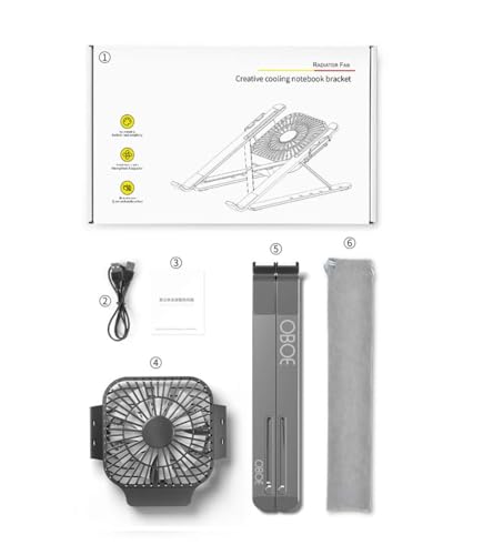 Image of OBOE Tabletop Aluminium Laptop Stand Six Level Adjustable Height with Cooling Fan Lightweight Portable Mini Laptop PC Tablet Holder Anti-Slip Design Mounting Bracket (Grey)
