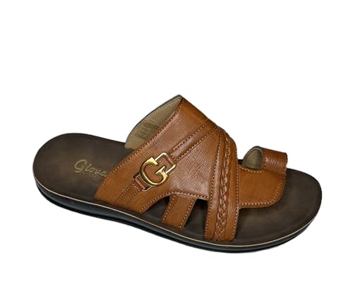 Giovanni Men's Genuine Leather Slip-On Sandals – Handmade Open-Toe Comfort Slides with Cushioned Sole & Braided Strap Design