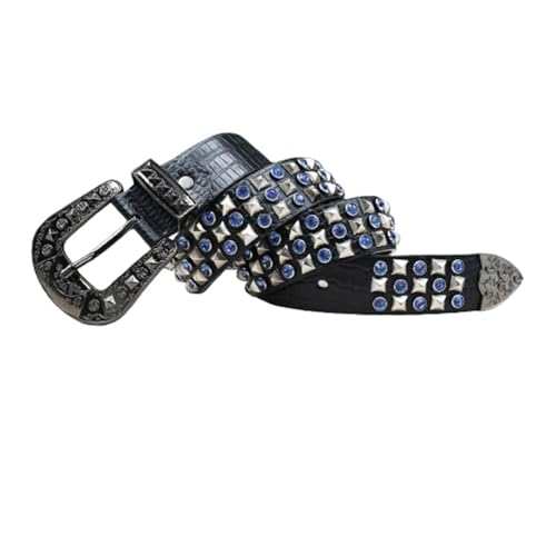 Sangle rivetée punk rock avec ceinture cloutée motif crocodile et pyramide cristal