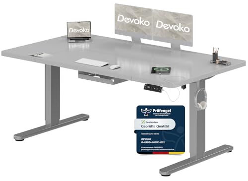 Devoko Höhenverstellbarer Schreibtisch 160x80cm mit Typ-C Ladeanschluss, Schreibtisch Höhenverstellbar Elektrisch, Mobiler Elektrisch Computertisch mit Kabel Management Tray, Grau