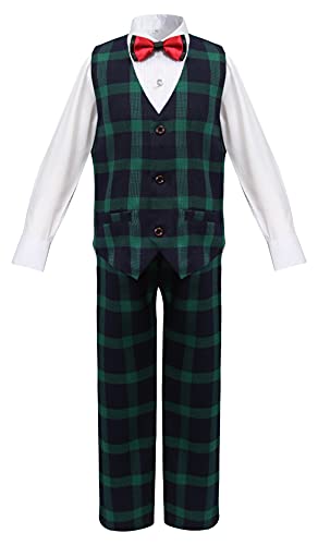 Gele Boy 4 Pieces Plaid Formal Suit Set,Vest+Pants+Blazer+Bow Tie (8, Dark Green) #TOP3