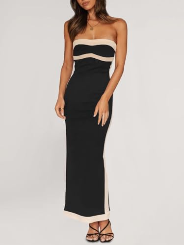 Fisoew Womens Strapless Bodycon Dress Sexy Contrast Color Off Shoulder Party Tube Maxi Dresses2