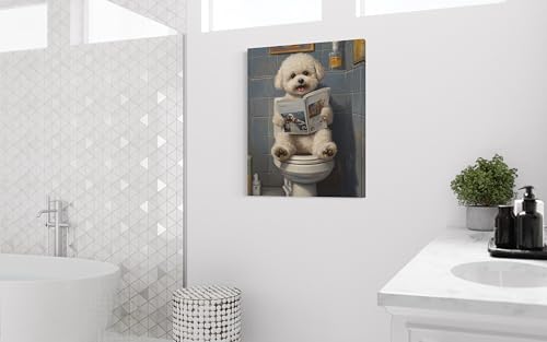 Image of Bichon Frise on Toilet Wall Art Print Canvas Wrapped, Dog Bathroom Humor Decor Posters Prints for Restroom Home Picture Painting Artwork Gallery 7 (Bichon Frise, 20 inchL x 16 inchW CANVAS, Wrapped Canvas)