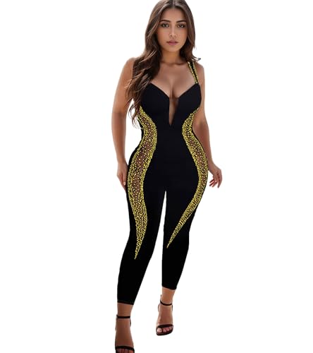 Image of Jigfar Women Sexy Elegant Rhinestone Mesh See Through V Neck Bodycon Jumpsuit Party Club Night Outfits Playsuits(FK3260,Gold,M)