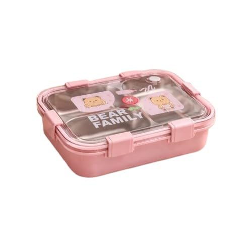Bear Family Stainless Steel Lunch Box 3 Container, Multi Compartment Bento Tiffin Box with 2 Chopsticks & 1 Spoon (Pink)(2407)
